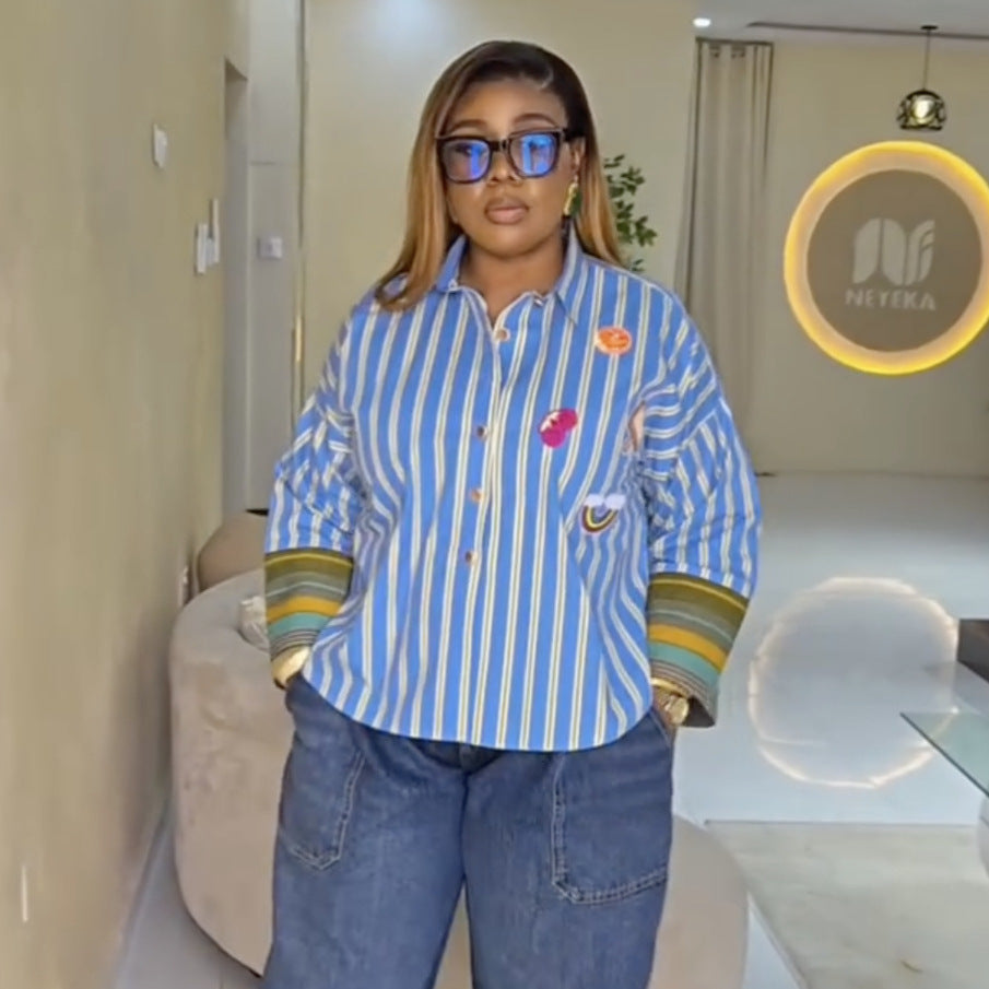 European and american cross-border women's clothing:  summer new arrivals - fashionable, designer, unique, turn-down collar, loose fit, plus size striped shirt