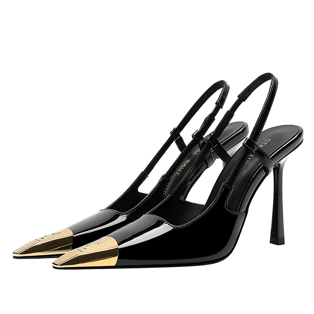 Metal small square toe sexy back hollow fashion sandals women's black patent leather stiletto iron toe high heels elegantflats