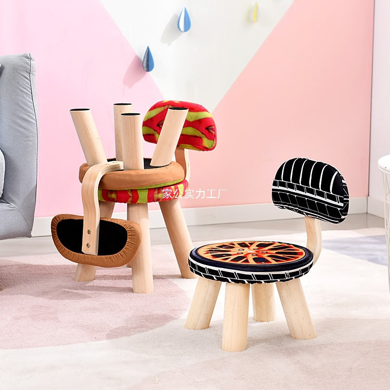 Adult fabric solid wood backrest small stool fruit creative home living room shoe change small stool round board stool chair