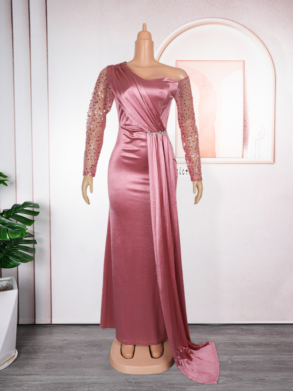 new european and american style plus size african women's bridesmaid dress  train evening gown