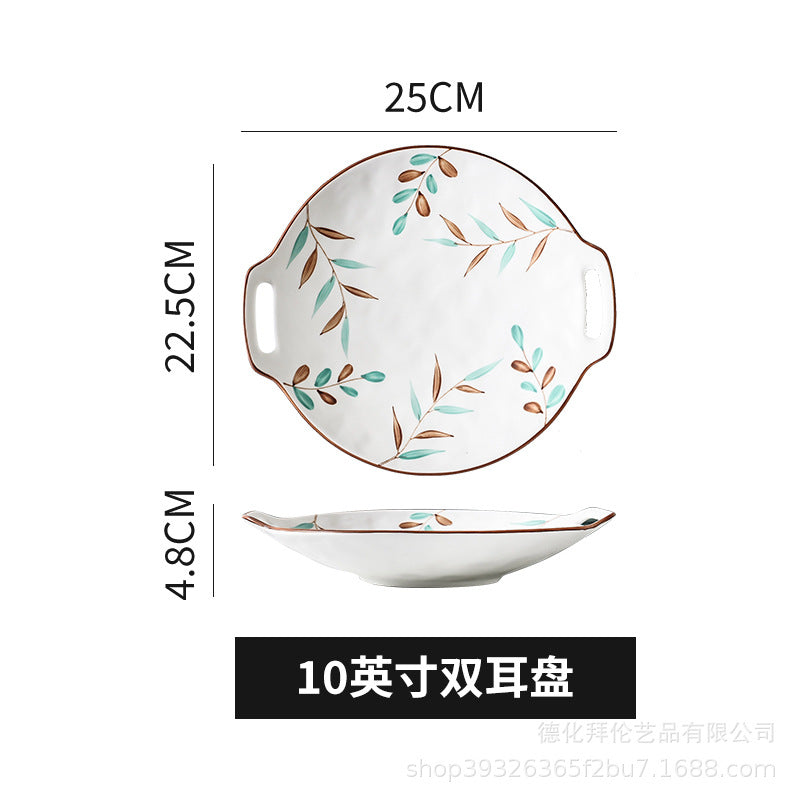 Nordic hand-painted leaf ceramic dinnerware set - includes plates, bowls, and dishes with handles for home use: dinner plates, vegetable plates, fish plates, noodle bowls, and snack dishes