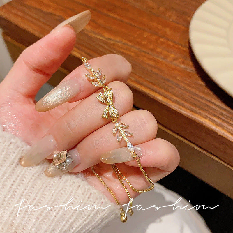 Super fairy micro-embedded zircon bows bracelet for women classy sense of accessible luxury crystal bracelet best selling exquisite pull-out hand jewelry