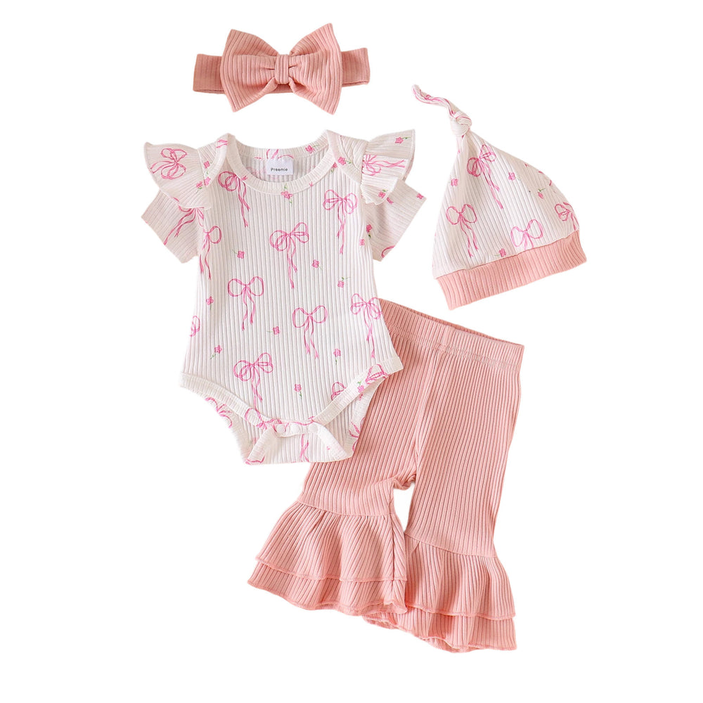 new product european and american summer bow printing pink flared pants cute baby children's clothing suit wholesale