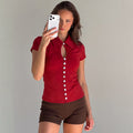 European and american women's clothing  summer new arrivals: trendy hot girl style cardigan, button-down lapel short-sleeve t-shirt top - wholesale for export
