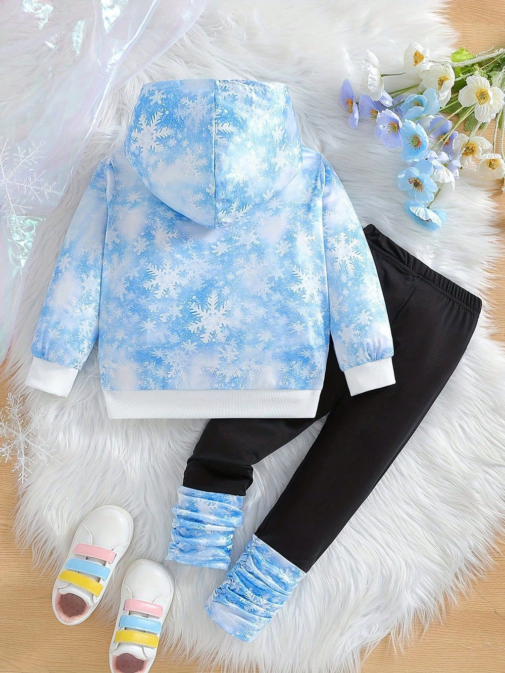 new autumn/winter cross-border exclusive girls' hooded princess print top + patchwork long pants set