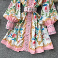 Palace style v neck lantern sleeve printingdress women's spring summerk-style waist slimming look floral a-line skirt work clothing