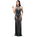 C6957 cross-border   fashion women's sexy mesh rhinestone halter bodycon dress