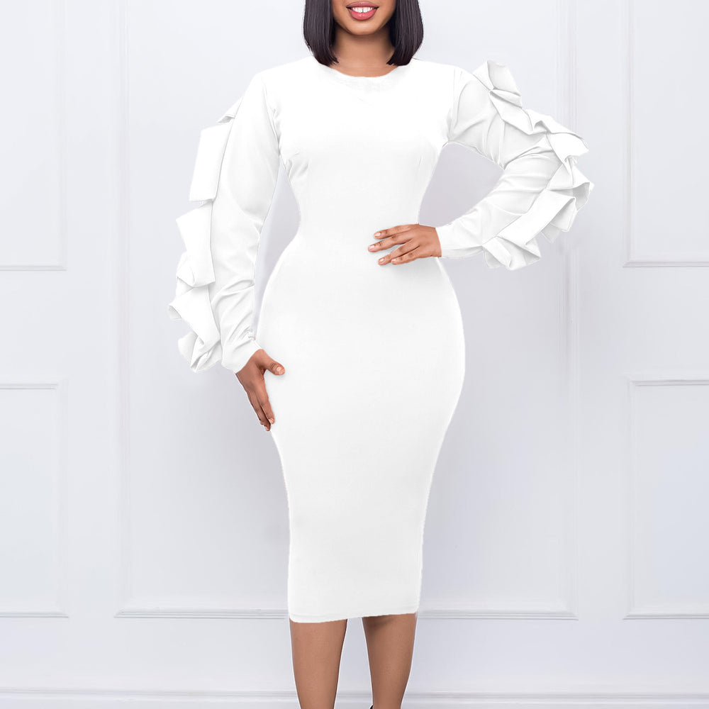 Q085 cross-border women's clothing european and american clothing  new round neck fungus edge hip-covering large size eleganceexportdress