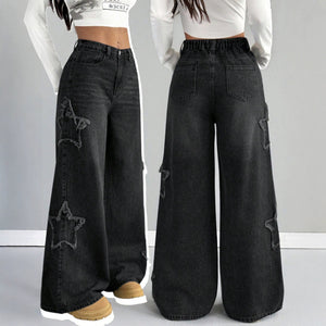 girls' spring/autumn denim pants: new styles for mid-to-large children, loose-fit casual straight-leg trousers, stylish and versatile wide-leg pants for kids