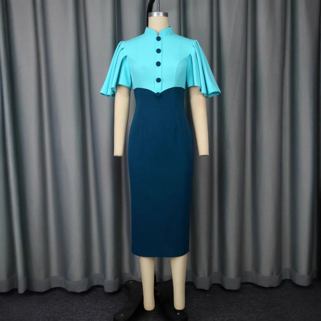 Cross-border new retro semi-turtleneck contrasting color lotus leaf sleeve dress, high waist slim and elegant party dress