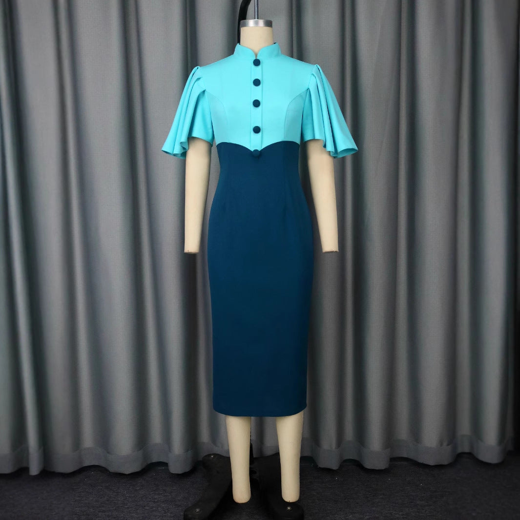 Cross-border new retro semi-turtleneck contrasting color lotus leaf sleeve dress, high waist slim and elegant party dress