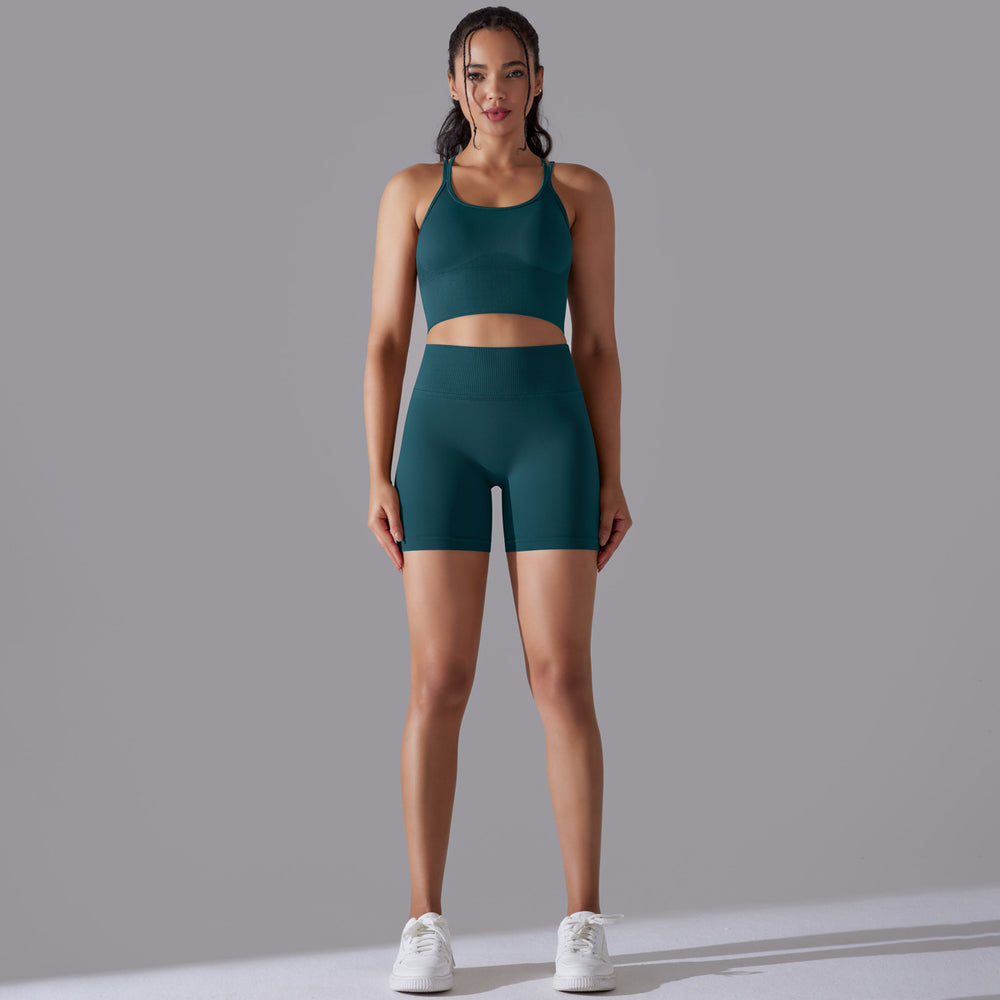 fashion seamless pure color cross back sports bra vest yoga suit running fitness three-piece set