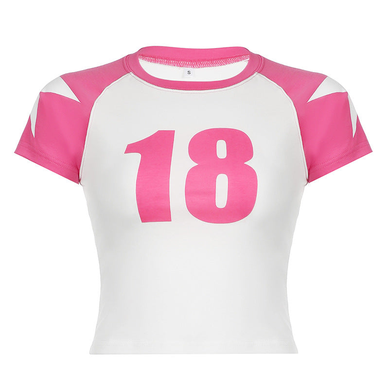 Cross-border street women's casual color contrast five-pointed star digital printing basic round neck pullover short-sleeved top  wholesale