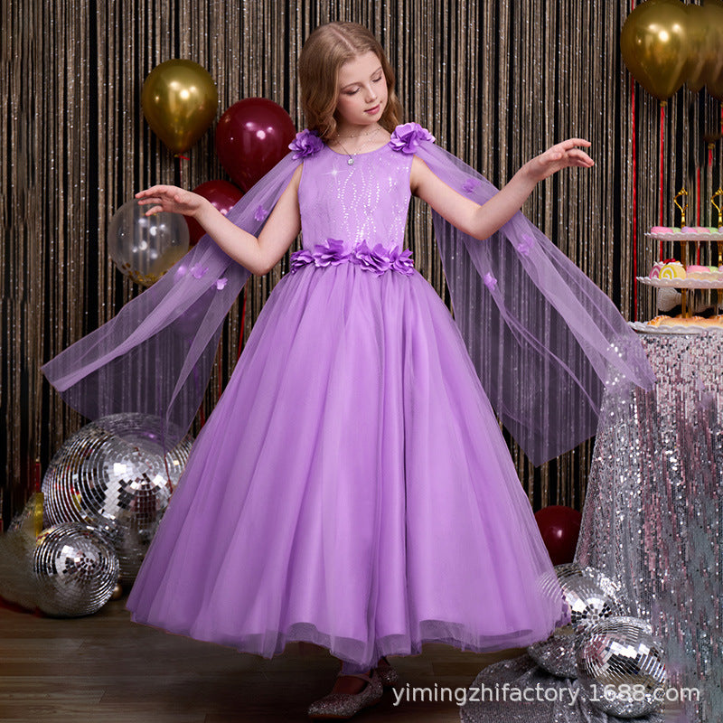 Custom-made girls' tulle dress, longline bow detail, children's princess gown with shawl, elegant european and american style, cross-border e-commerce