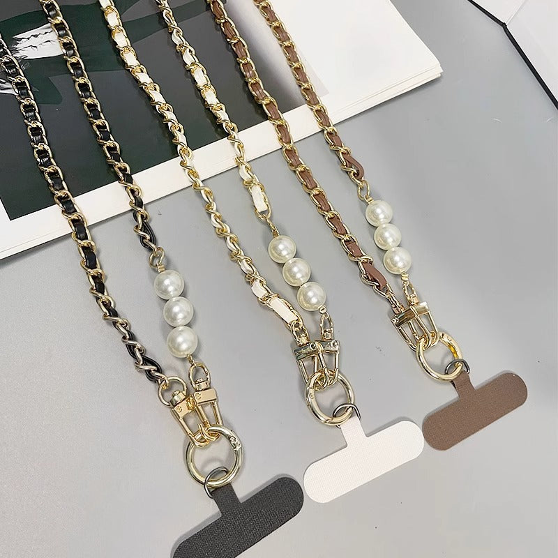 Mobile phone lanyard small fragrant pearl pickup chain long crossbody mobile phone hanging chain metal leather pendant bag chain