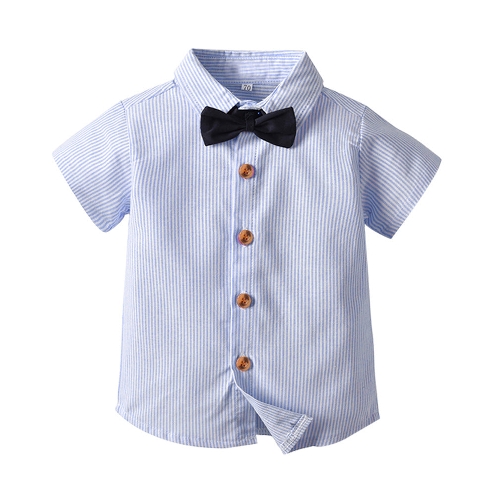 Boys' gentleman style short-sleeve shirt with collar and tie - performance outfit, formal top, student striped shirt