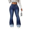 Fashionjeans women's high waist hot diamond slightly flared dark blue washed slimming look silk flanged flared pants