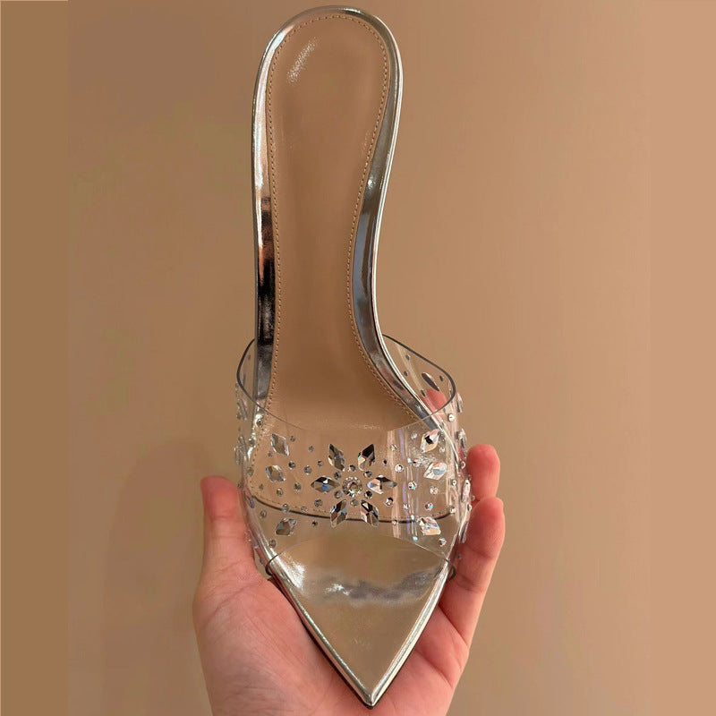 Xd huizhou 2026 autumn new snowflake rhinestone high heel slippers - european & american style, chic, versatile, silver pointed toe