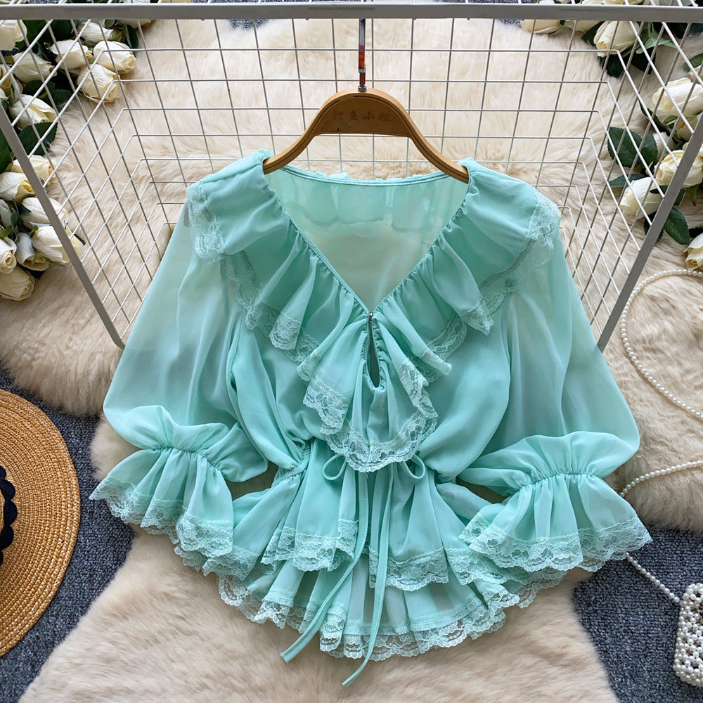 French chic v-neck lace ruffle blouse - women's summer long sleeve tie-waist slimming elegant top
