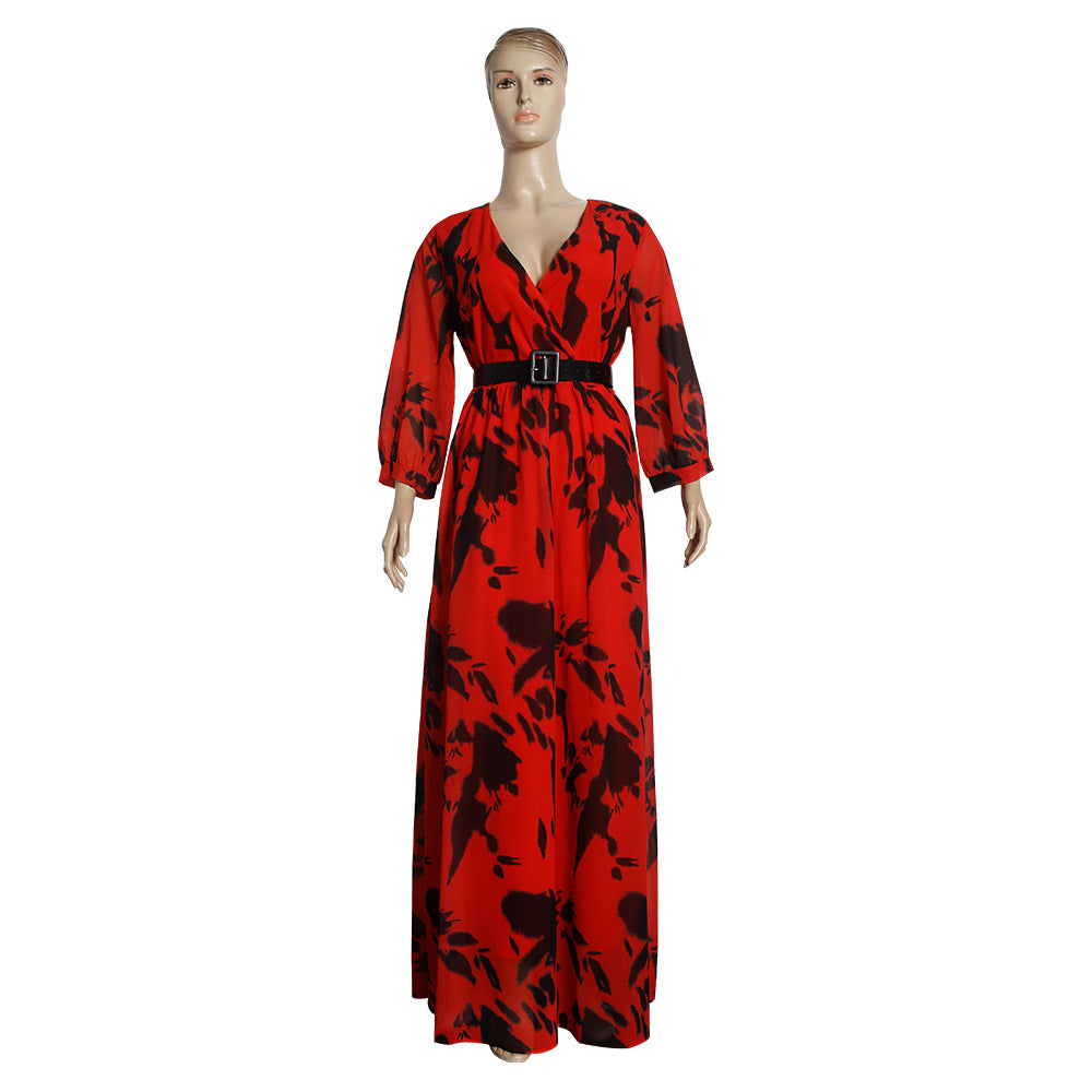 African plus size fashion print chiffon maxi dress with belt - new  collection for  &