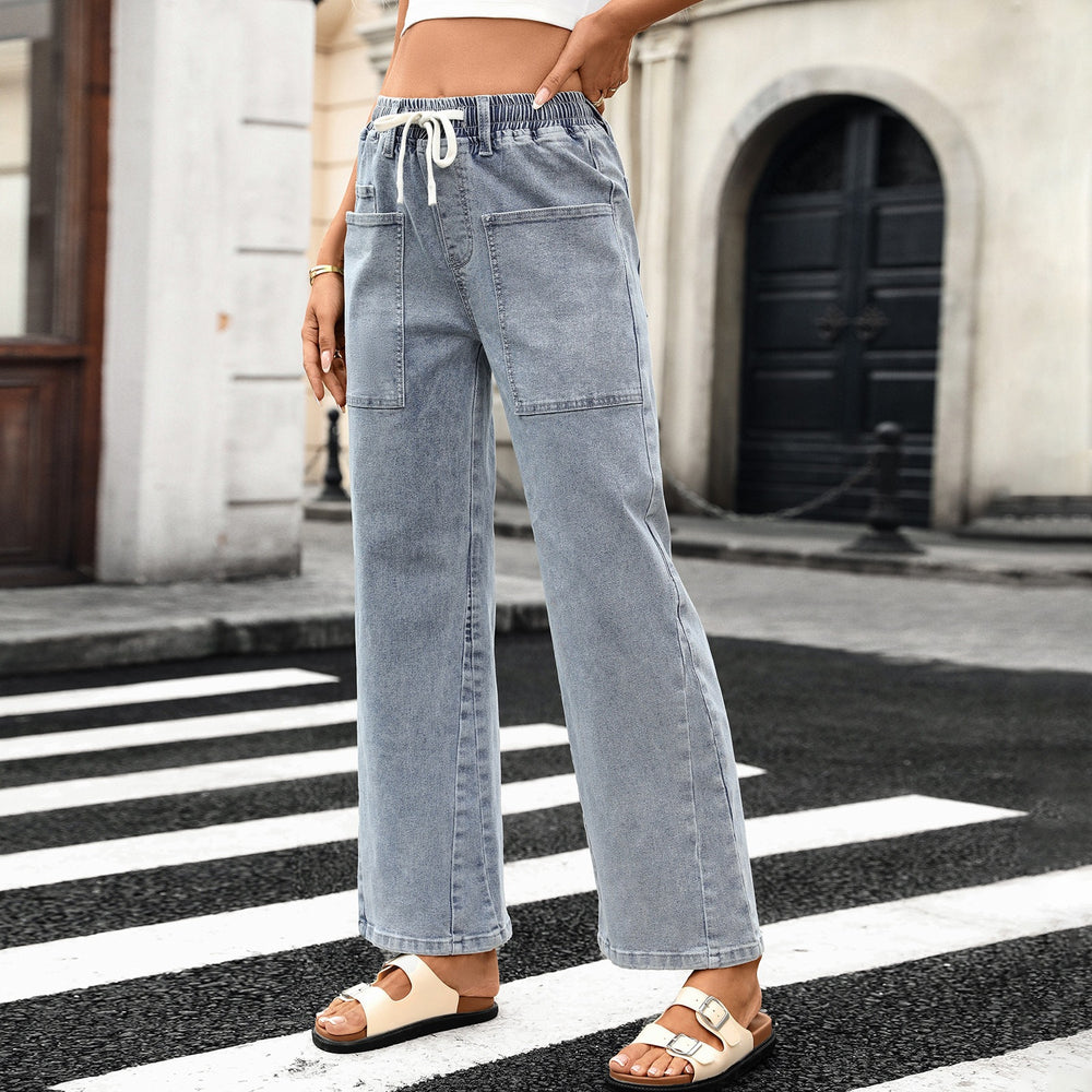Fashion cross-border export  independent station new arrival washed american drawstring fashioncasual high elastic denim pants
