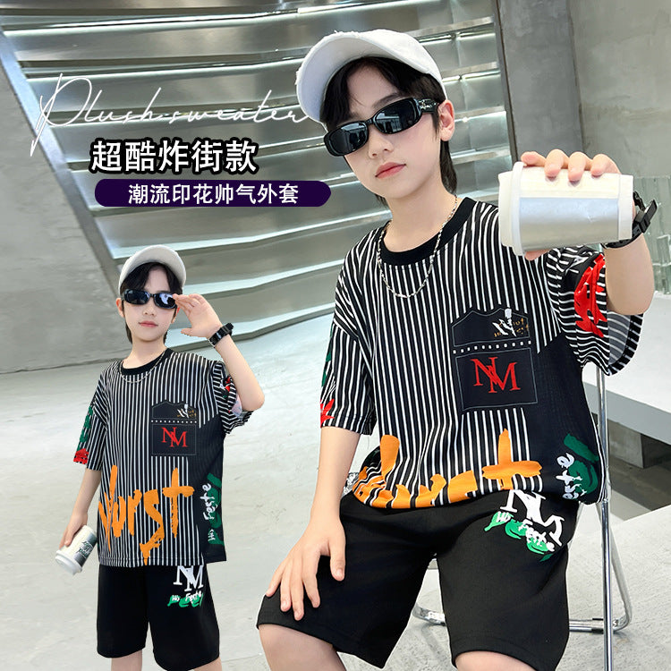 Kids' boys' summer outfit set  new trendy street style summer boys' mid-to-large children's lightweight short-sleeve two-piece fashion set
