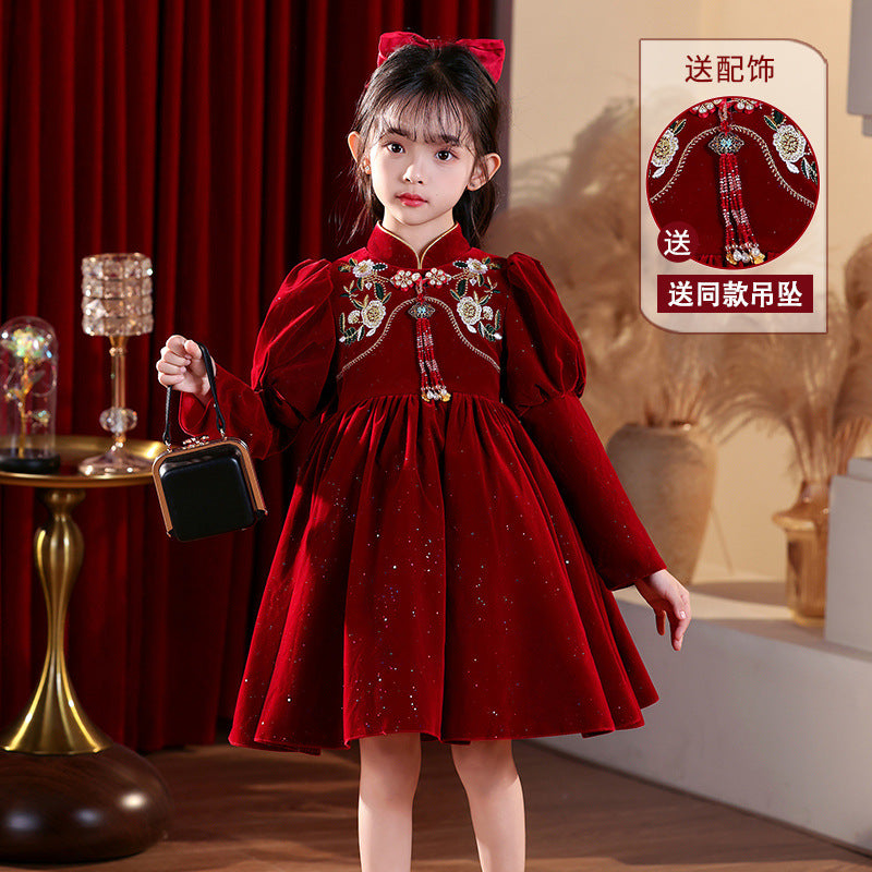 Girl red dress festive new year's greetings short high collar chinese style new chinoiserie princess dress new year clothes winter