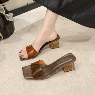 New 2025 crystal heeled slippers for women - summer ladies' sandals, transparent chunky heel, plus size, wholesale