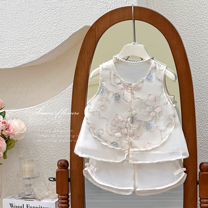 Girls' outfit : exquisite embroidered, modern chinese style, summer cool two-piece set for kids