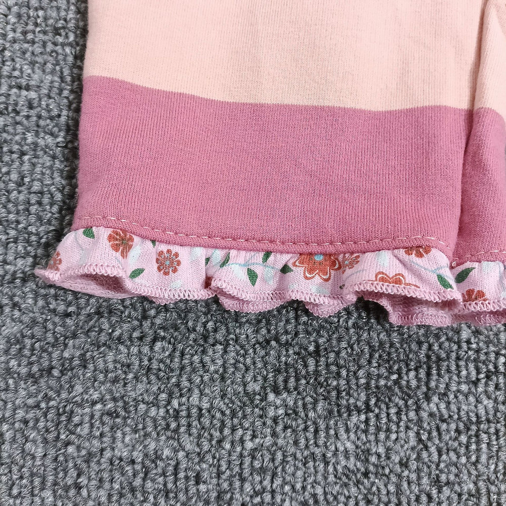 Original girls' spring/autumn pink striped overalls with floral print, mint green lace trim, soft, comfortable, and sweet long pants