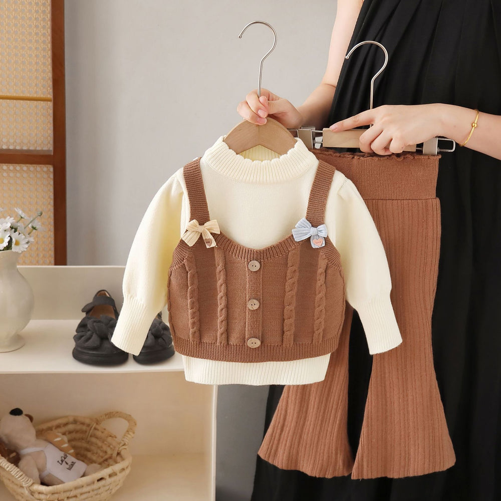 Girls' knit sweater set -  fall/winter collection - pullover top with round neck, faux two-piece knit sweater, and flare pants two-piece set