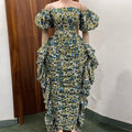 European and american cross-border women's fashion:  autumn/winter new arrival - elegant off-the-shoulder printed ruffle trim slimming dress
