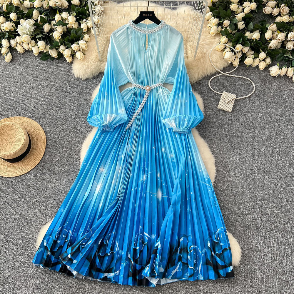 European and american style high-end round neck beaded lantern sleeve pearl belt waist-defining elegant long printed pleated dress