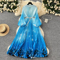 European and american style high-end round neck beaded lantern sleeve pearl belt waist-defining elegant long printed pleated dress