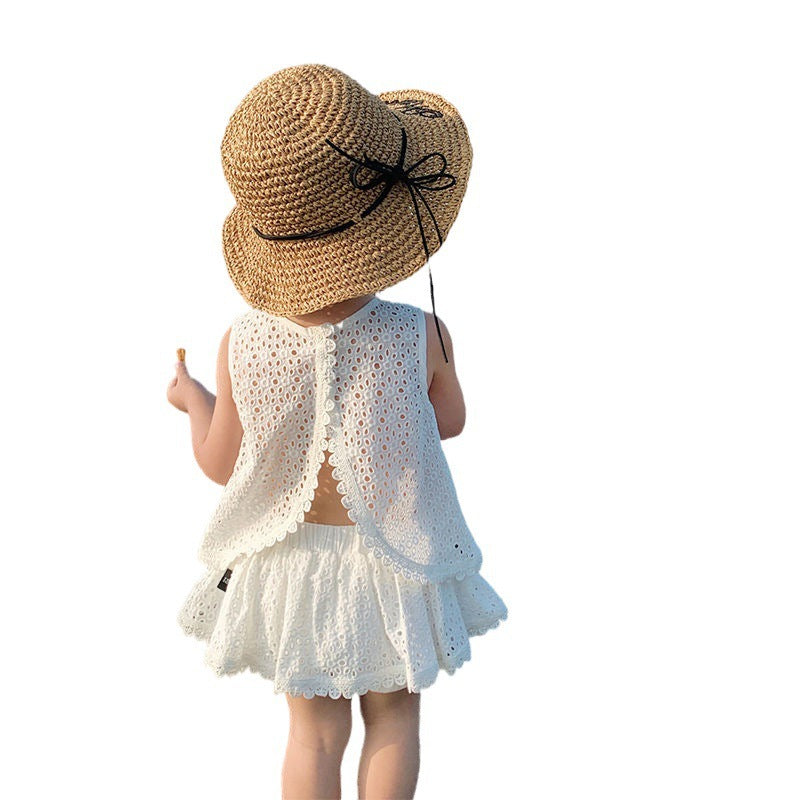 Girls' hollow-out tank top and skirt set - summer kids' open-back two-piece outfit - breathable, casual, and versatile