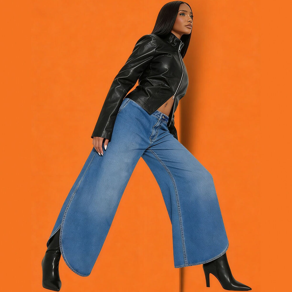 Fashion cross-border new high waist wide leg jeans  foreign trade women's street washed slit scimitar pants