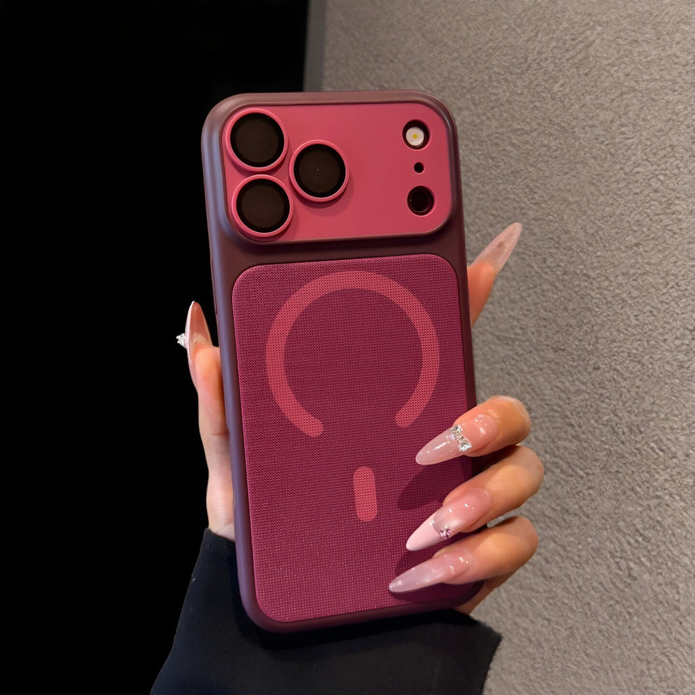 Suitable for apple 18promax burgundy red large window mobile phone case iphone17 contrasting color cloth pattern magnetic case 16