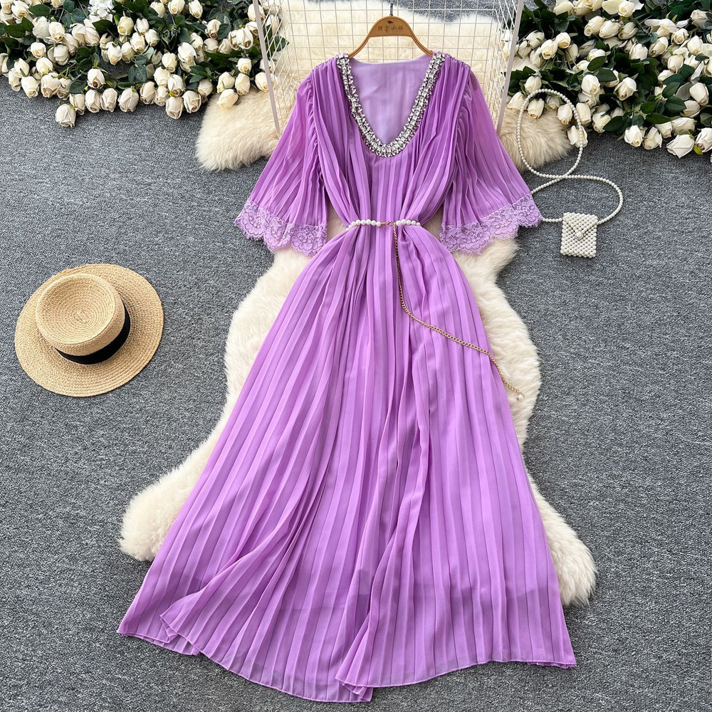 French-style embellished v-neck lace patchwork midi dress with ruched detail and tie-waist – women's loose-fit maxi dress
