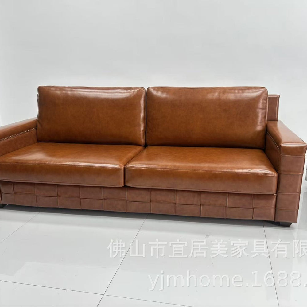 Vintage-style oiled leather checkered sofa, retro leather art sofa, designer living room straight three-seater sofa