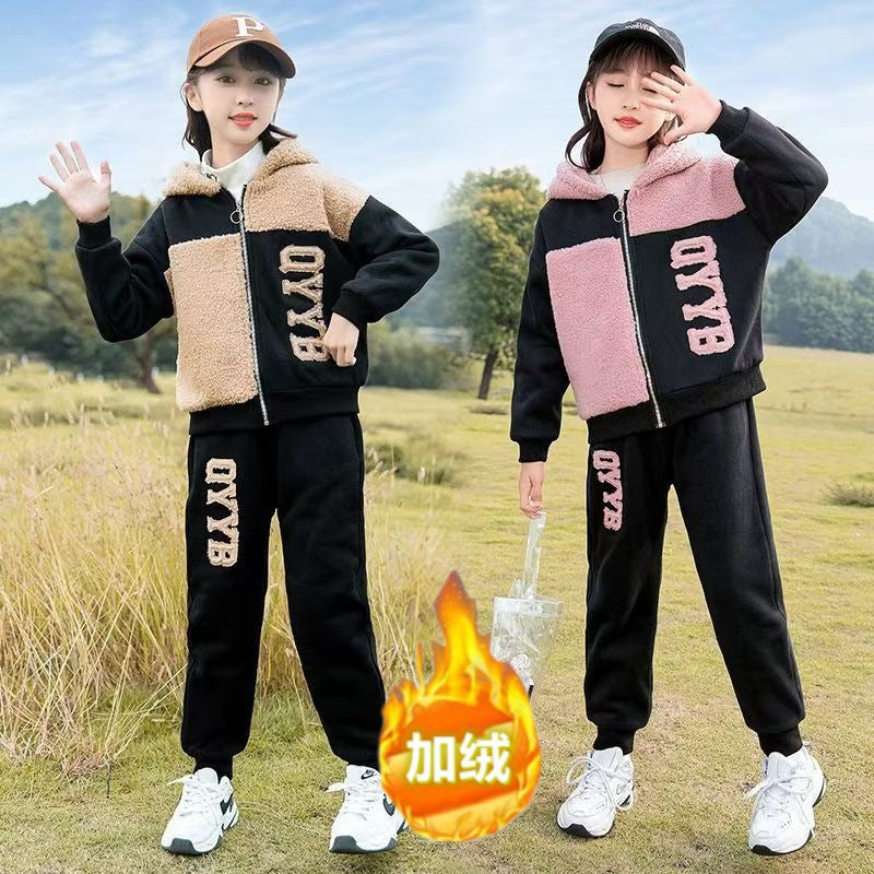 Girls' winter new arrivals set : stylish outerwear for older girls, plus fleece-lined thickened casual outfit for little girls