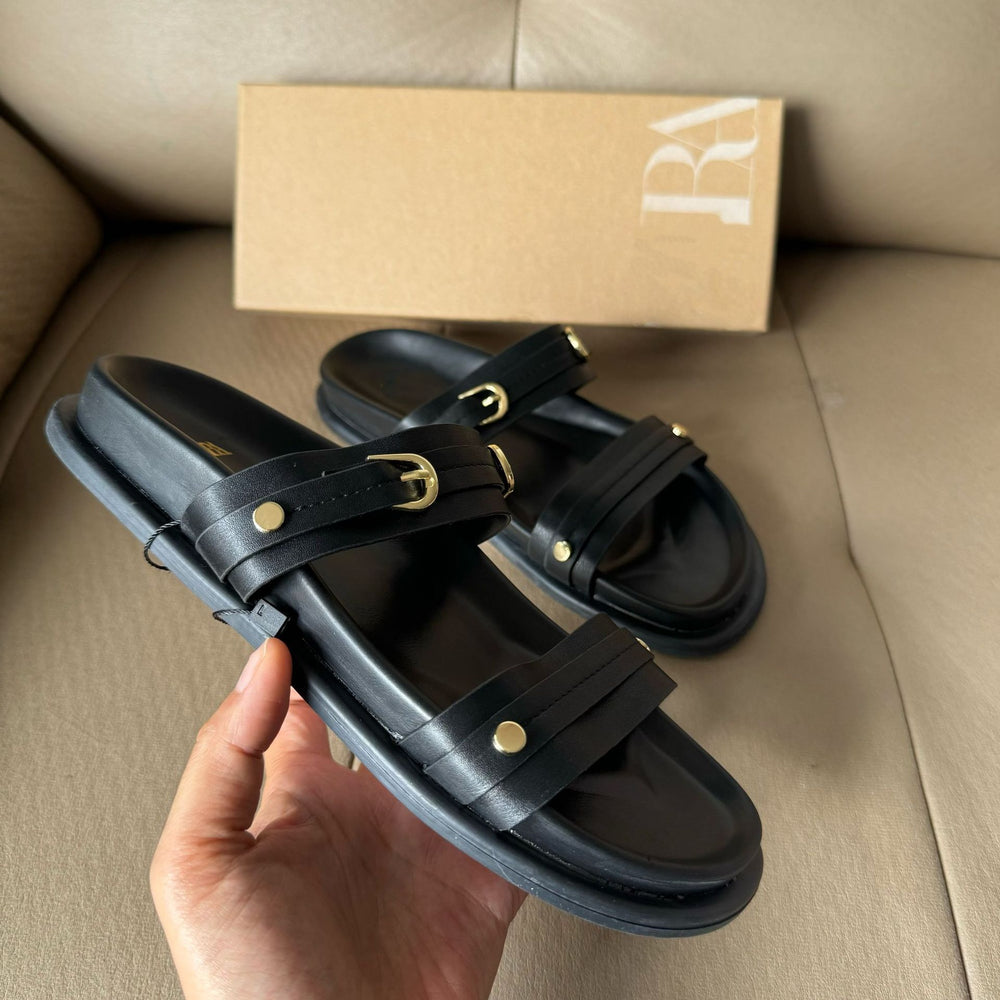 Summernew arrivalretro belt buckle casualthick sole slippers women's outwear genuine leather flats roman sandals