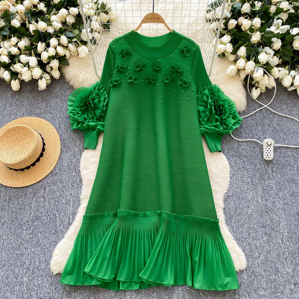Miya pleated socialite style high-end dress - women's spring pleated 3d floral loose design elegant maxi dress