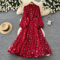 French romantic stand collar lantern sleeve lace dress - women's slimming a-line maxi dress with elegant mesh detail