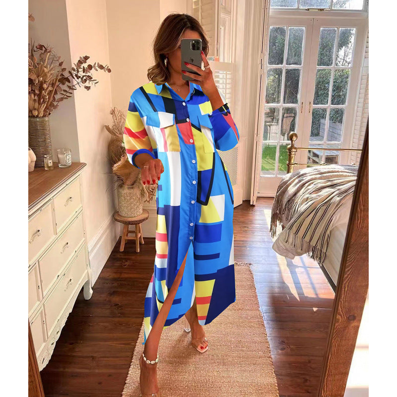 New arrival   exportfashionlong sleevesprinting lapel shirt skirt women's loosecasuallongdress