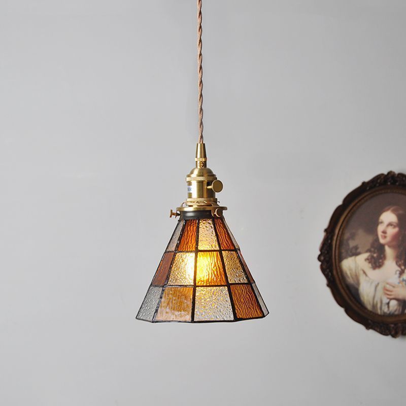 Vintage brass hand-soldered lamp, american style bedside aisle restaurant cafe stained glass pendant light