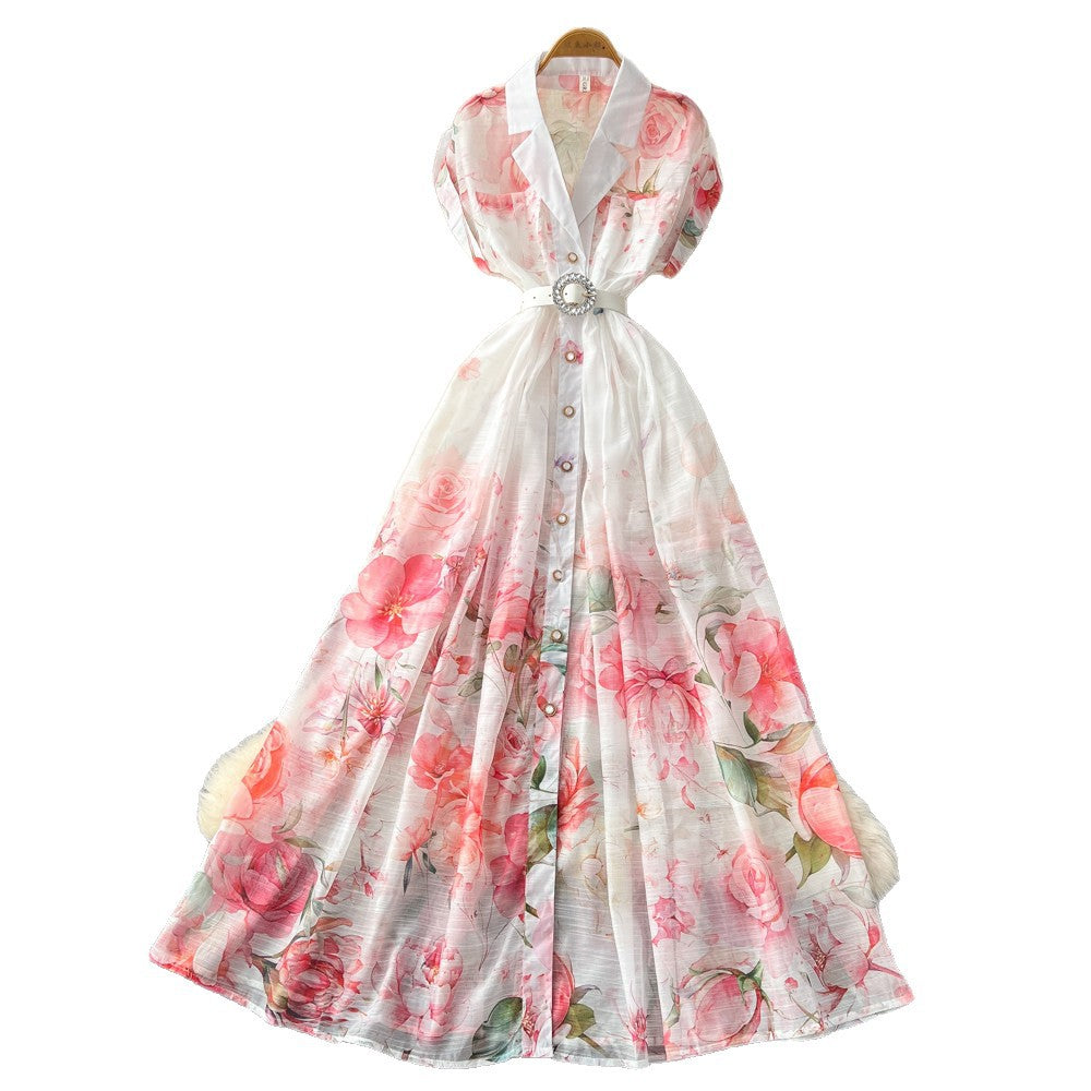 French country style printed sleeveless dress - women's summer korean high-waisted slimming a-line maxi dress - elegant commute dress