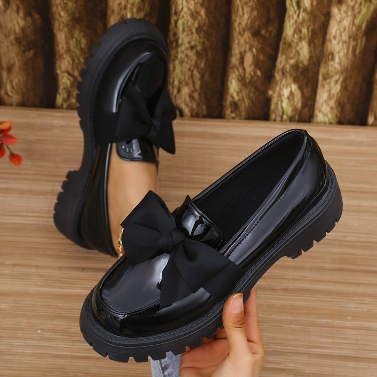 cross-border large size 35-43 black loafers women's niche bow thick bottom small leather shoes retroflats women