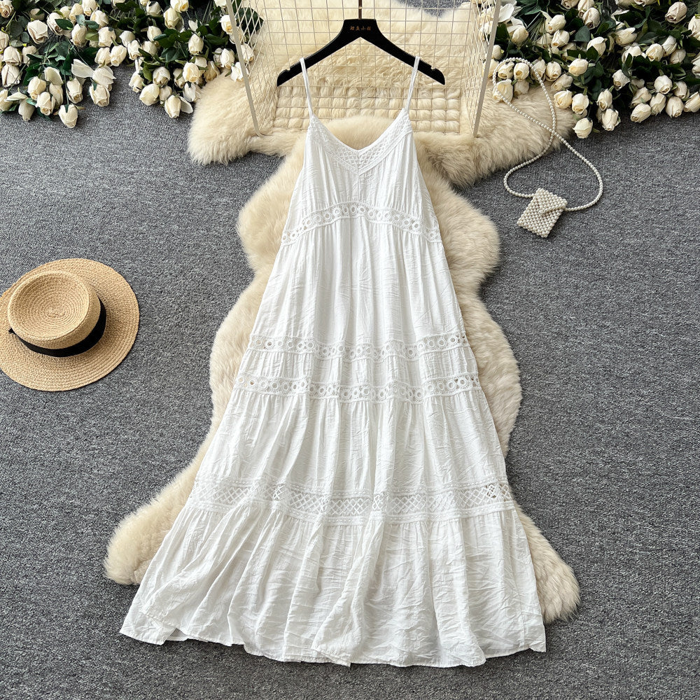 French riviera style white cutout embroidered cami dress - women's summer korean style slimming backless flowy maxi dress