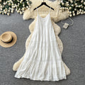 French riviera style white cutout embroidered cami dress - women's summer korean style slimming backless flowy maxi dress