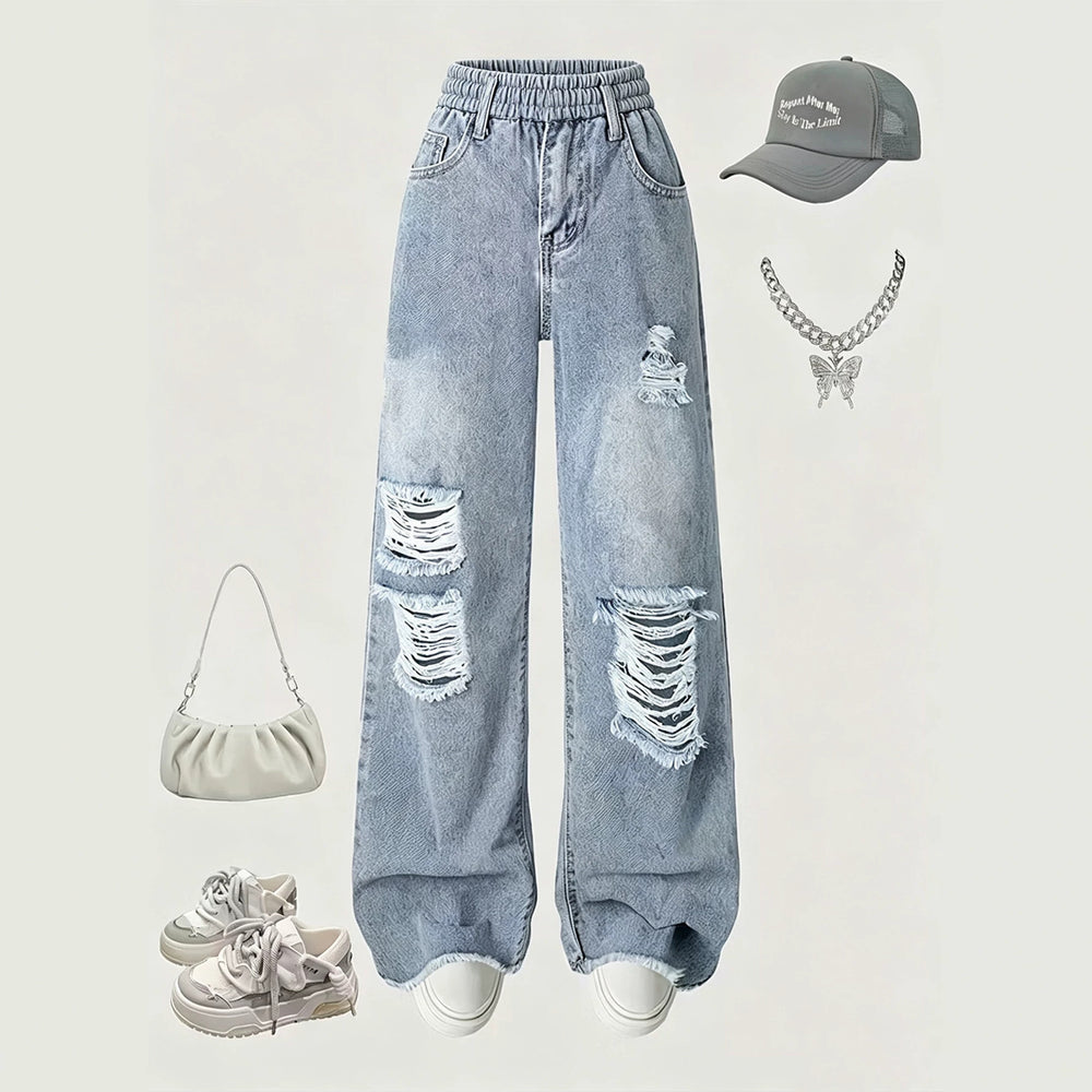girls' spring/autumn denim pants: new styles for mid-to-large children, loose-fit casual straight-leg trousers, stylish and versatile wide-leg pants for kids